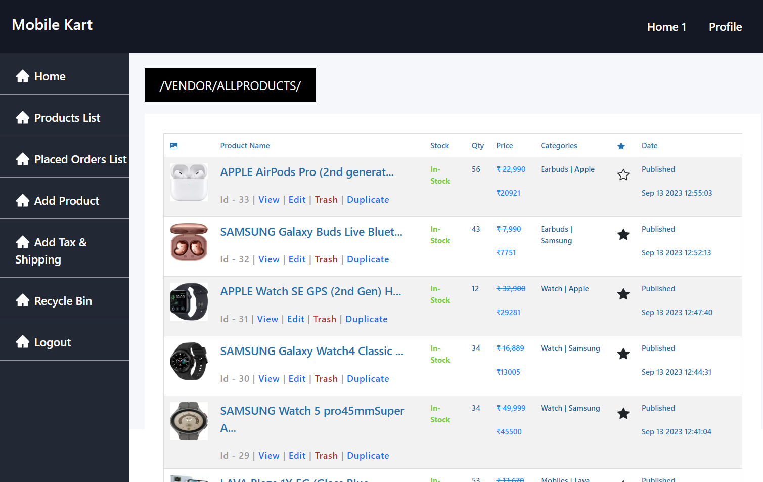 Vendor Listed Products Dashboard
